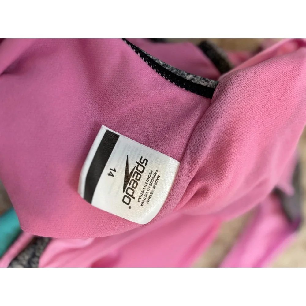 Speedo Girls One Piece Swimsuit Pink Turquoise Heather Grey Racerback Size 14